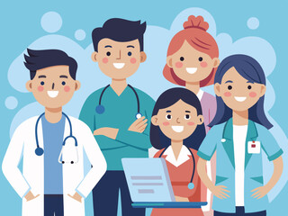 Healthcare medicine and doctors concept. Group of young smiling doctors with stethoscope and nurse standing with documents and looking at camera as team vector