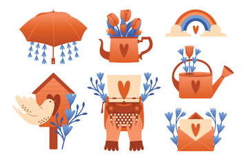 Springtime. Set of isolated cliparts with birdhouse, whire bird, umbrella, teapot, typewriter, rainbow, envelope with love letter, watering can, rainbow. Spring plants and flowers, bouquet of tulips.