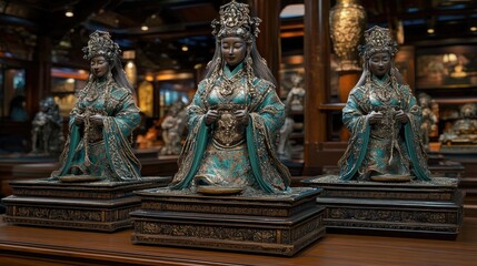 Fototapeta premium Three kneeling Asian goddess figurines, ornate detail, shop display