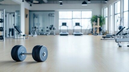 Fototapeta premium Modern gym interior with a single black dumbbell in the foreground and fitness equipment in the background