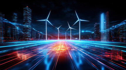 Obraz premium Futuristic cityscape with wind turbines, illuminated by vibrant digital streaks