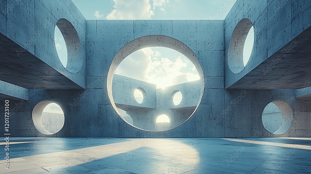 Poster Abstract concrete structure with circular openings, showcasing sunlight and sky.