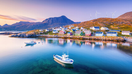 Fototapeta premium Coastal village at sunset, colorful houses, wind turbines, calm waters, fishing boats