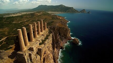 Coastal Ruins Aerial view of ancient columns on a cliff overlooking the sea, under a sunny sky