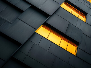 Dark modern building facade with glowing orange windows and geometric design elements