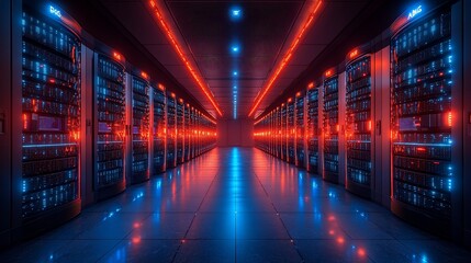 Data center servers, red blue lights, technology