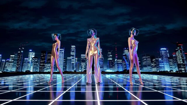 Fashion models wearing gold bodysuits and virtual reality headsets are posing in a virtual representation of singapore's city skyline at night