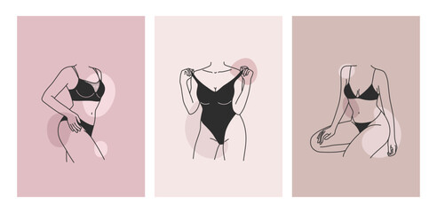 Beautiful minimal linear set of female silhouettes in lingerie. Simple women figure in underwear. Abstract sensual concept. Outline design for print, poster, card, banner, cover, social media template