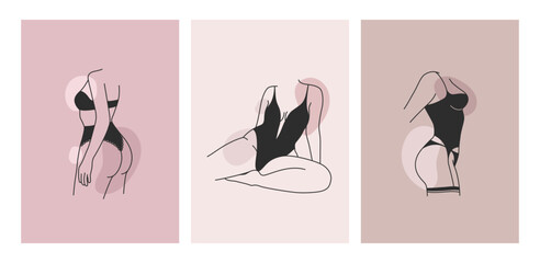 Beautiful minimal linear set of female silhouettes in lingerie. Simple women figure in underwear. Abstract sensual concept. Outline design for print, poster, card, banner, cover, social media template