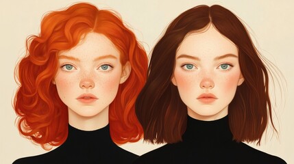 Obraz premium Illustrative Portraits of Freckled Women with Auburn and Brunette Hair in Black Turtlenecks on Beige Background