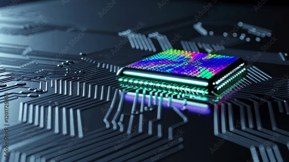 Poster advanced quantum processor computing complex data, revealing dynamic color changes across illuminate