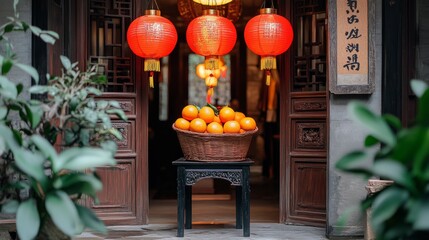 A traditional Chinese home entrance adorned with red lanterns and a basket of oranges placed on a small table, signifying the welcoming of wealth and happiness.