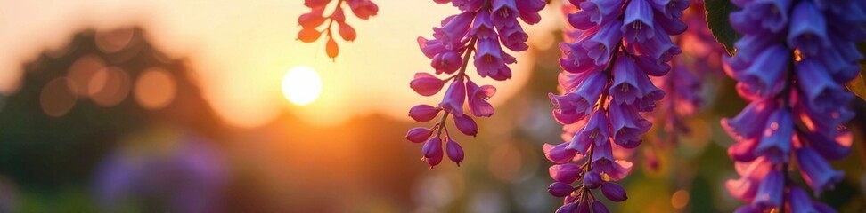 Wisteria flowers gently swaying in the breeze against a warm sunset background, flowers, vines