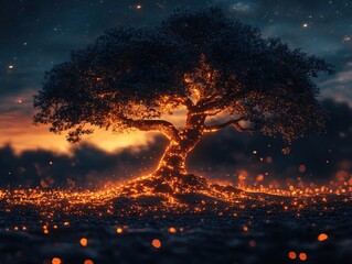 Fototapeta premium Fiery tree at sunset, glowing embers, dark sky.