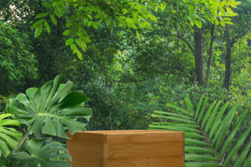 Wood podium table top outdoors in park garden forest nature background.natural product present pedestal wooden stand display,healthy life or eco concept.