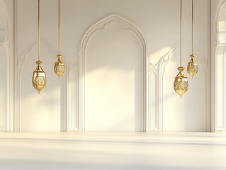 Elegant gold lanterns hang in a white arched room