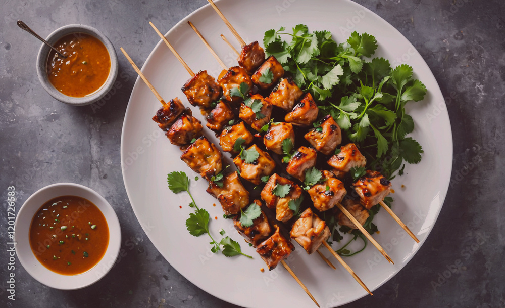 Poster A plate of meat skewers with a side of green herbs. The plate is set on a table with two bowls of sauce. Scene is inviting and appetizing
