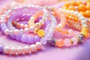 Pastel colored bead bracelets arranged on purple silk create a luxurious and fashionable display