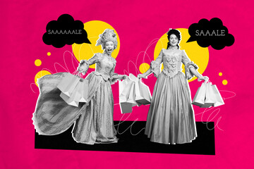 Trend 3D photo collage of two young lady stand together corset dress powdered wig vintage rococo...