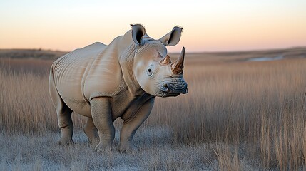 Obraz premium Majestic White Rhino in Serene Sunset Savanna: A Peaceful Wildlife Scene