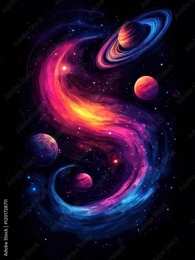 Aufkleber vivid galaxy swirling with colorful nebula and radiant planets in deep space. generative ai