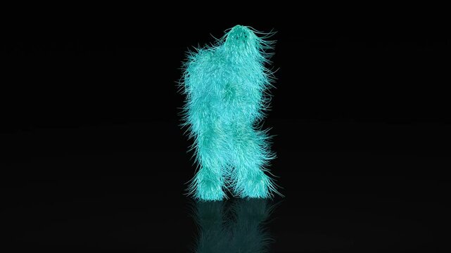 Blue hairy cartoon character funny Dancing Twerk , furry beast having fun, fluffy mascot looping animation, modern minimal seamless motion design, on a black background. 3D animation.