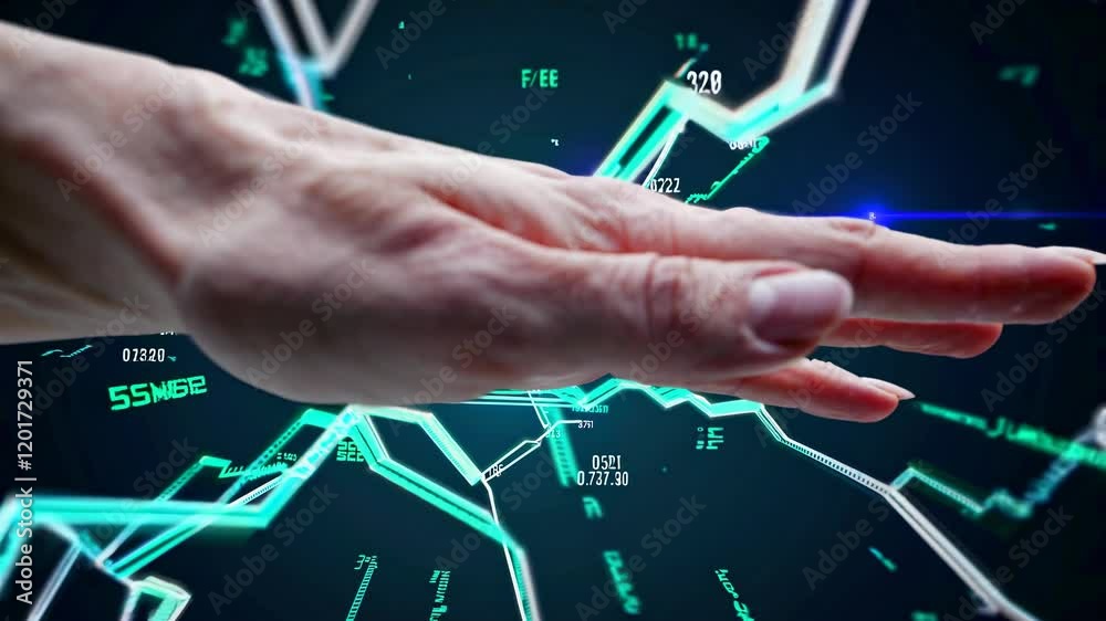 Poster complex network visualization with glowing lines and data points surrounds a hand, suggesting intera