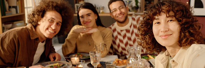 Website banner with young adult woman taking selfie with beloved best friends