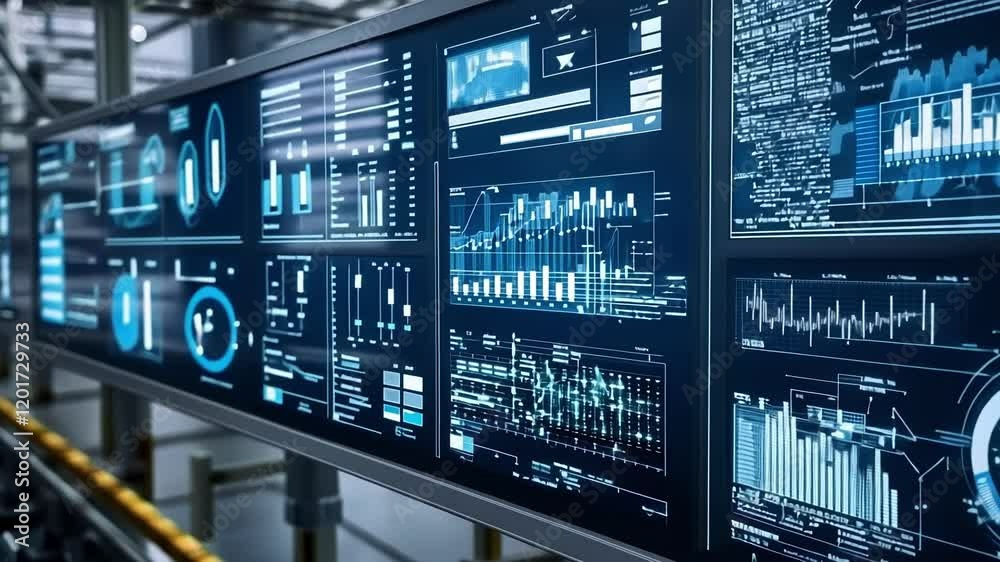 Aufkleber an intricate setup of modular digital displays in a factory command center each screen presenting ke