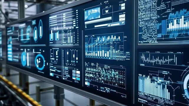 An intricate setup of modular digital displays in a factory command center each screen presenting key performance indicators and analytics derived from various production sources for