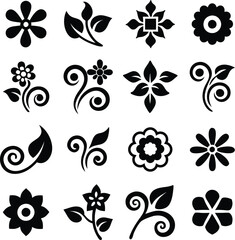 Floral Design Elements Black and White Flower Icons and Swirls