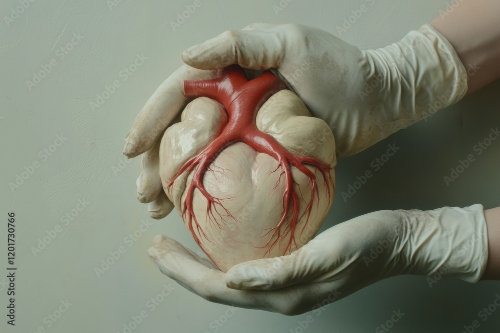 Aufkleber Realistic anatomical heart held gently in gloved hands showcasing intricate details and textures in a neutral setting. Generative AI