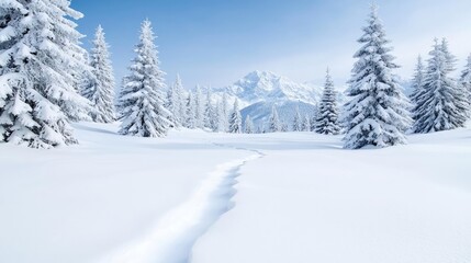 Snowy mountain path, winter landscape, pristine snow, serene nature scene, ideal for travel brochures
