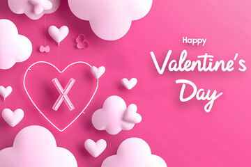 "Happy Valentine's Day", texte en anglais c&oelig;urs et nuages blancs fond rose vif, design romantique Saint Valentin, 14 f&eacute;vrier,  espace n&eacute;gatif copyspace