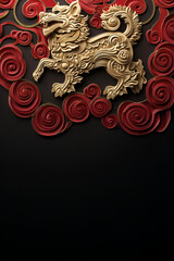 Fototapeta premium Signe du zodiaque, astrologie, dragon Nouvel An chinois, rouge et or motifs traditionnels, fond rouge espace négatif copyspace