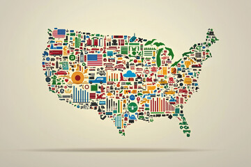 Obraz premium Artistic USA map with colorful icons representing states and culture