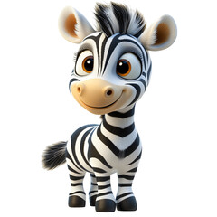 A cheerful, cartoon-style zebra with big eyes and a friendly smile.
