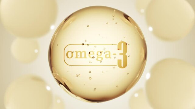 A golden glossy sphere with omega-3. Omega 3 pill capsule. Abstract 3D bubble drop background