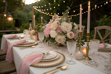Romantic outdoor wedding table setting with floral centerpiece, pink accents, gold decor, and string lights, perfect for weddings, events, or elegant garden parties