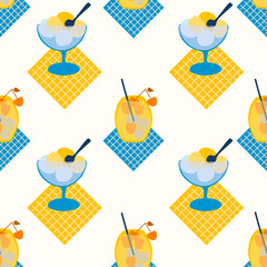 Bright summer seamless pattern, drink, cocktails, lemonade, ice cream. Cocktail party, celebration, vector illustration