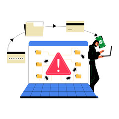 Hacker With Laptop And Alert Icon On Screen In Flat Vector Illustration Symbolizing Cybersecurity Threats And Data Breaches, Isolated On White Background