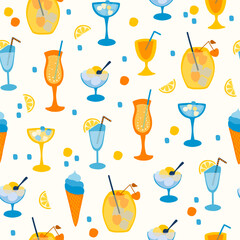 Bright summer seamless pattern, drink, cocktails, lemonade, ice cream. Cocktail party, celebration, vector illustration