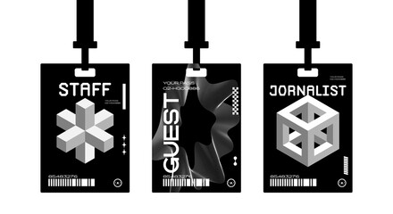 Plastic badges id card badges in a futuristic style. Journalist, guest, staff. Identification cards on a string, entrance ticket, pass.