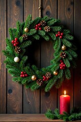 Wreath on a wooden wall with a burning candle, , holiday, evergreen