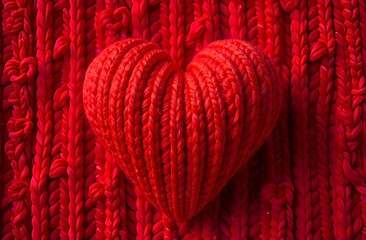 Volumetric red knitted heart on a soft knitted background,3d Valentine's Day card,gift card with a symbol of love,surface texture,message in the color of passion