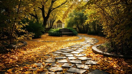 Naklejka premium A winding stone path through a golden autumnal landscape, scattered with fallen leaves and leading to a secluded bench beneath the shade of a vibrant tree.
