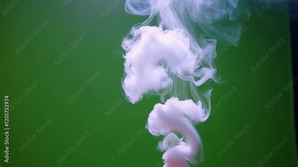 Poster white smoke swirling and rising dynamically, generating organic abstract shapes against solid green 