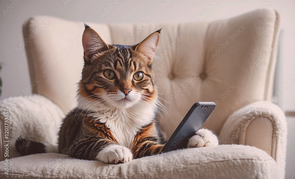 Poster a cat is laying on a chair and holding a cell phone in its mouth. the cat appears to be curious and 