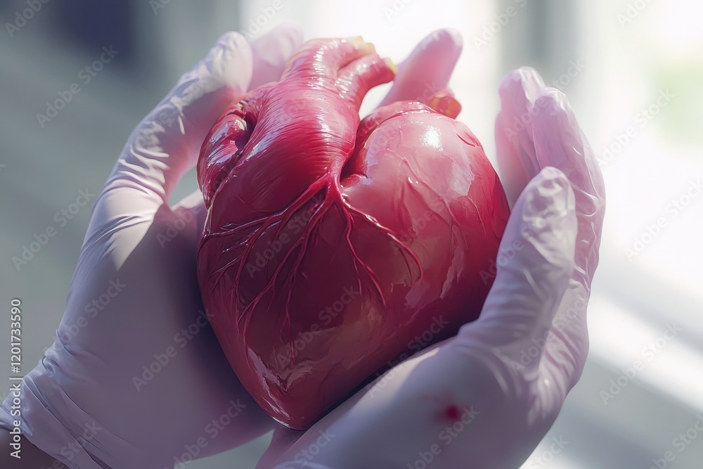 Poster Realistic anatomical heart held gently in gloved hands under soft natural light. Generative AI