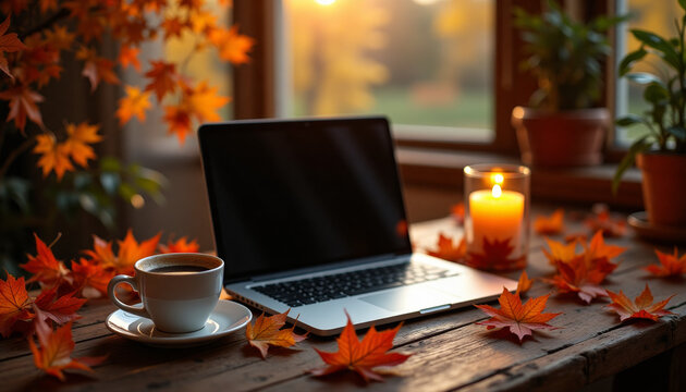 High-resolution cozy workspace with laptop and coffee cup, warm inviting atmosphere with autumn leaves